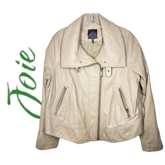 JOIE 100% LAMB LEATHER MOTO JACKET High Collar Zippered Tan Beige Y2K, Medium - Picture 2 of 9